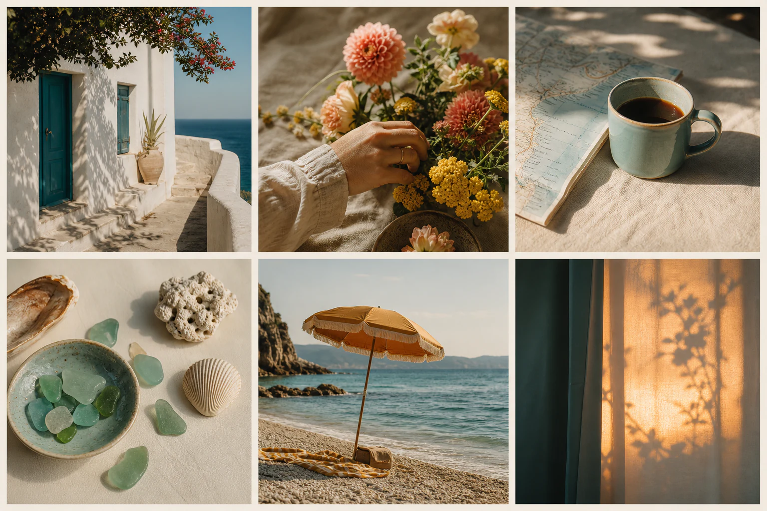 A contact sheet of coastal architecture, flowers, coffee and shoreline photographs